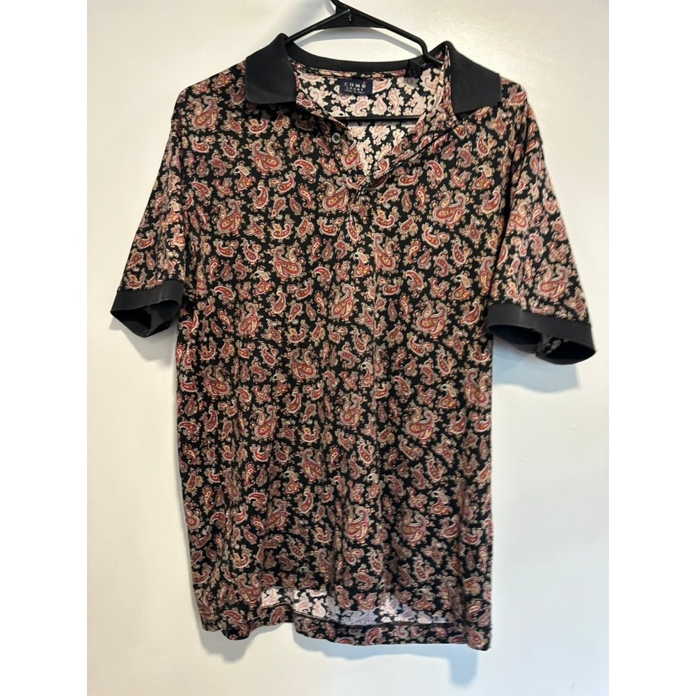 VTG Y2k 90s Como Sport Polo Paisley Sz:S Black Italian Cotton lightweight